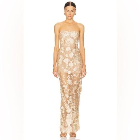 NWOT Bronx and Banco JASMINE MAXI DRESS Floral Gold Strapless Dress - Picture 1 of 15